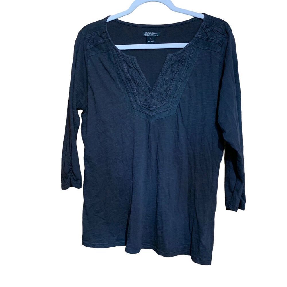 Lucky Brand Womens Size Large Gray Crochet Detail Split Neck Blouse
